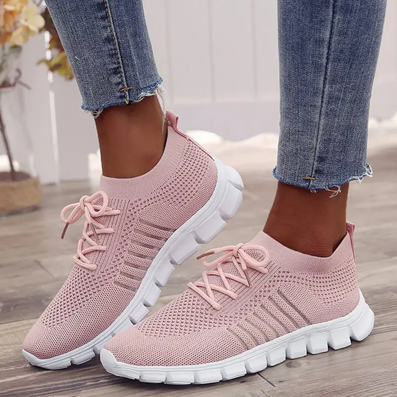 Women's Casual Sneakers Knit Breathable Solid Soft Sole Lace - Temu