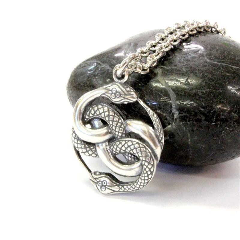 Vintage Silver Double Snake Pendant Necklace for Men
