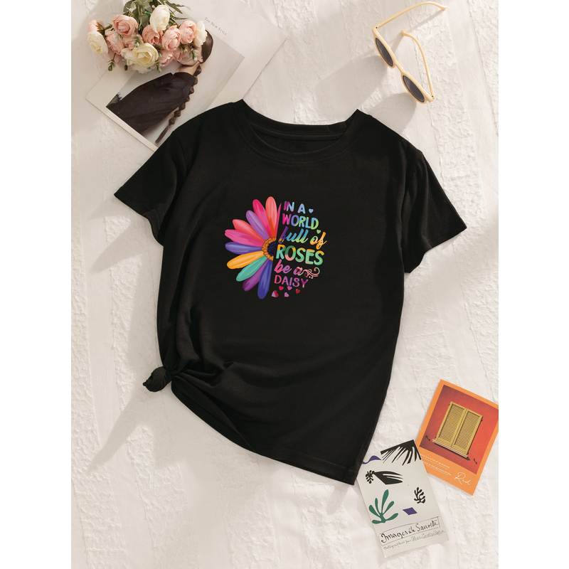 Colorful Love Daisy Slogan Pattern Casual Crew Neck T shirt - Temu Canada