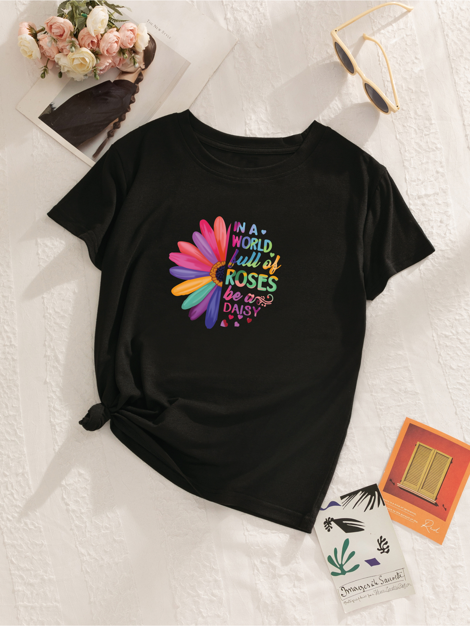 Colorful Love Daisy Slogan Pattern Casual Crew Neck T shirt - Temu Canada
