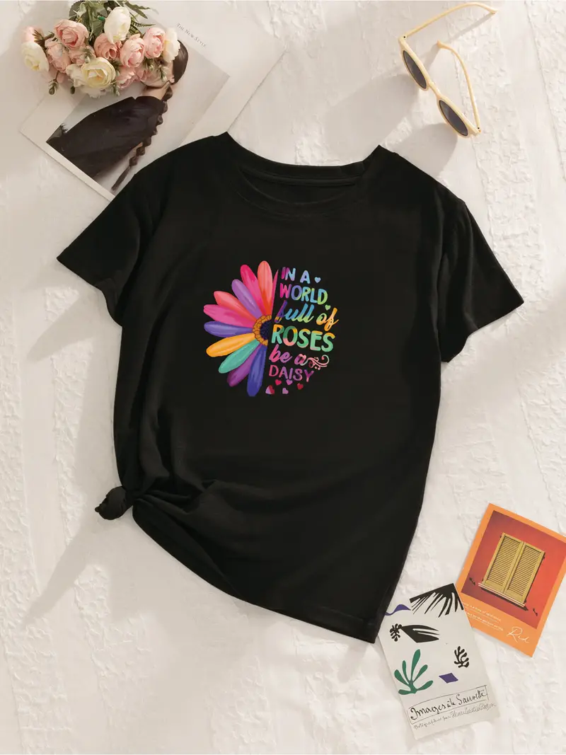 Colorful Love Daisy Slogan Pattern Casual Crew Neck T shirt - Temu