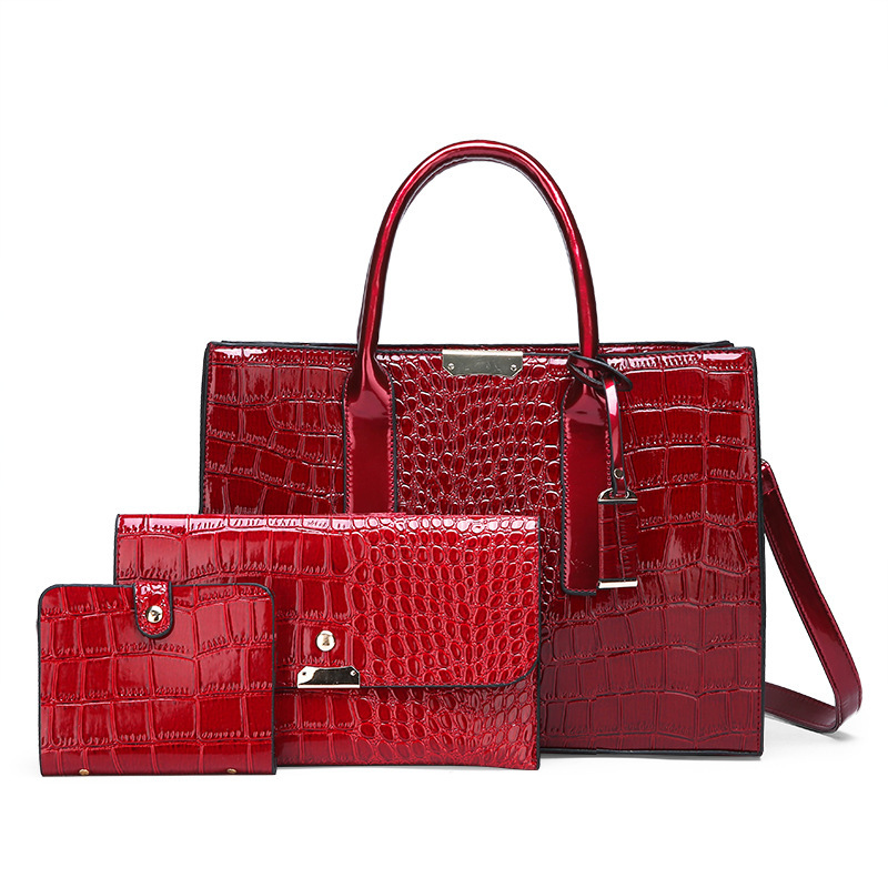 Crocodile Embossed Hand Bag Set with Shoulder Bag, Clutch Purse & Card Bag