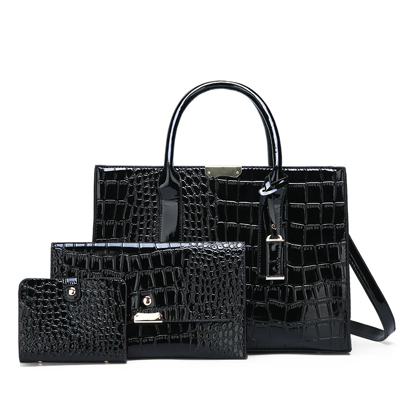 Crocodile Embossed Hand Bag Set with Shoulder Bag, Clutch Purse & Card Bag