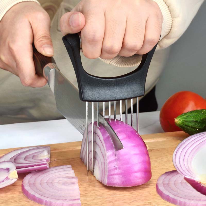 4 Pieces Onion Holder Slicer Stainless Steel Onion Slicer Vegetable Tomato  Holder Slicer Cutter for Kitchen Worker Safety Cooking Tools, 4 Colors