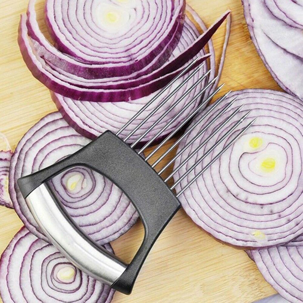 Vive Comb Onion Holder Slicing Guide Stainless Steel Vegetable Tomato Onion Fork for Kitchen Safety Tools-White