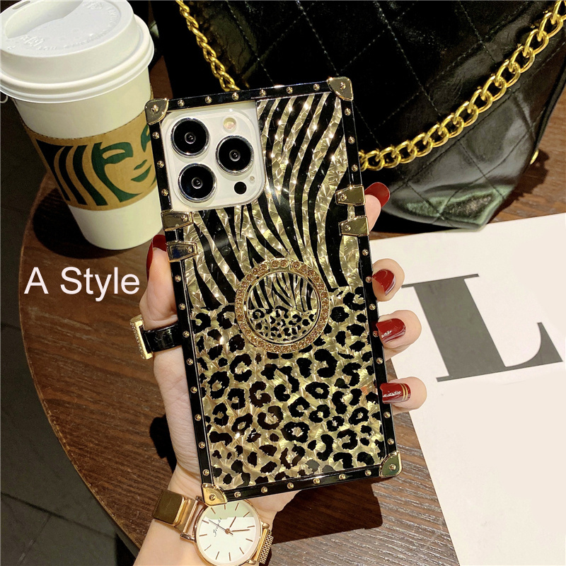 Leopard Square Edge Ring Stand Trunk Luxury Phone Case With Kickstand  For,iphone14/14plus/14pro/14promax,iphone13/13mini/13pro/13promax,iphone12/12mini/12pro/12promax  - Temu