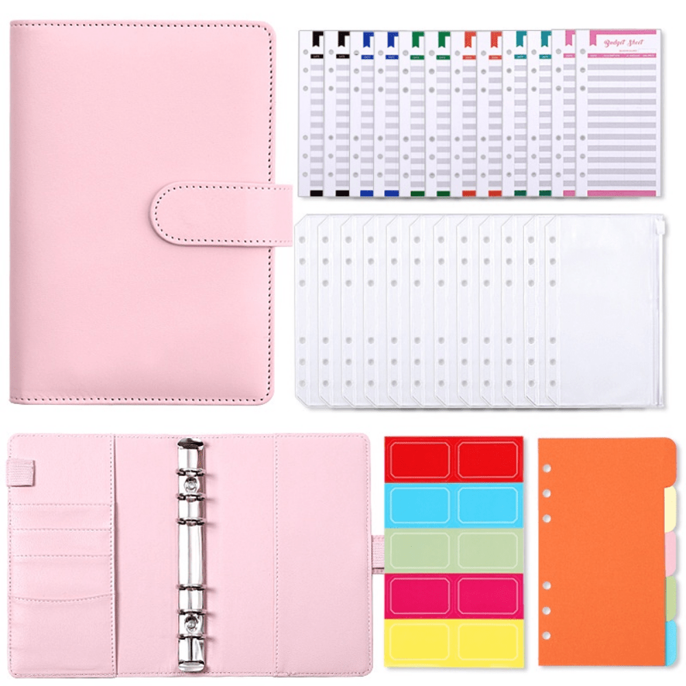 A6 PU Leather Notebook Binder Budget Planner Organizer 6 Ring Binder Cover with 10*Binder Pockets Purple, Size: 19*13cm