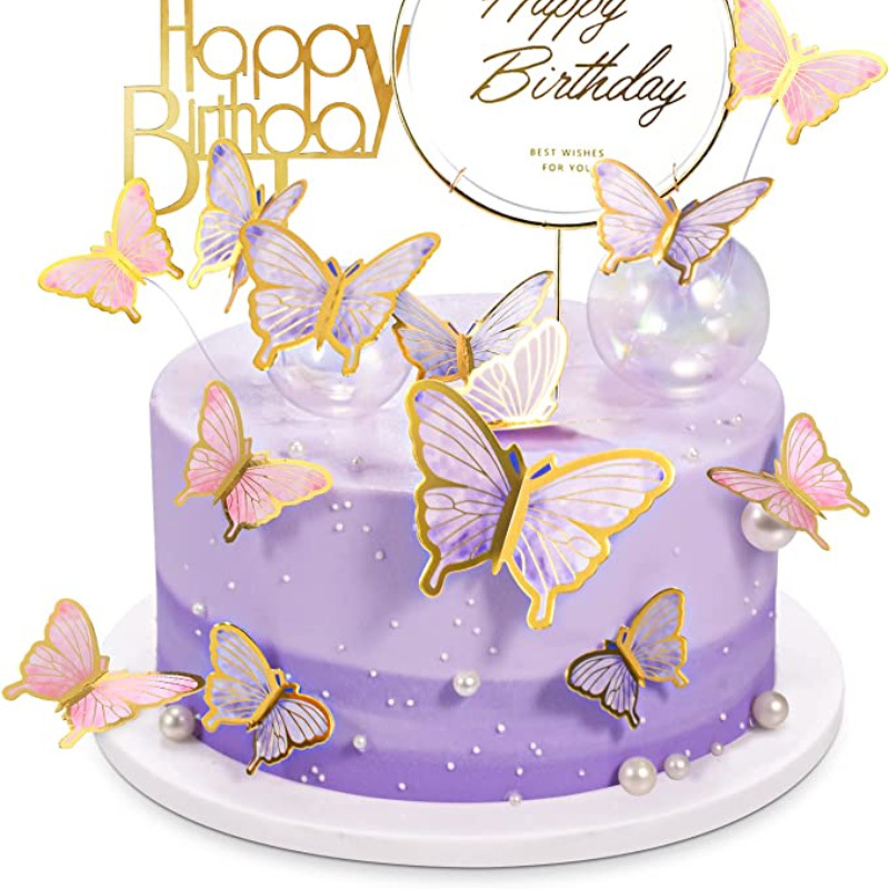 3 pçs toppers de bolo de borboleta roxa, toppers de cupcake de borboleta  feliz aniversário ouro feliz aniversário bolo topper para meninas  decorações de festa de aniversário feminino - Temu Portugal