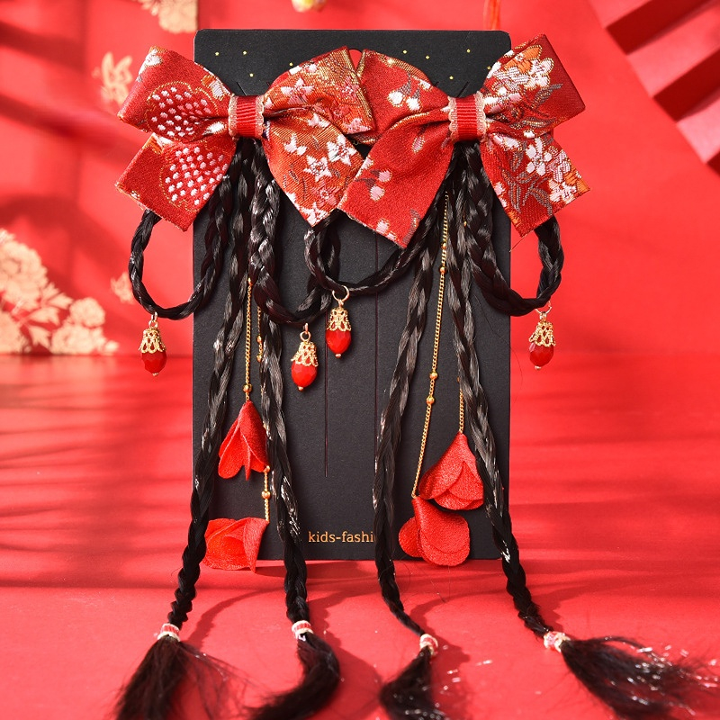 Chinese Women Girls Long Ribbon Bow Hair Clip Lace Organza Pendant