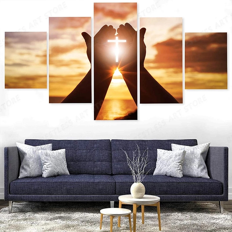 5pcs set Jesus Hands Prayer Canvas Wall Art Christian Crosses Christ Posters Home Decor No Frame