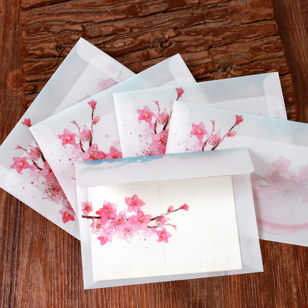 5pcs Vintage Translucent Peach Blossom Pattern Envelope Kawaii Wedding Invitation Greeting Card Cover School Letter Supplies