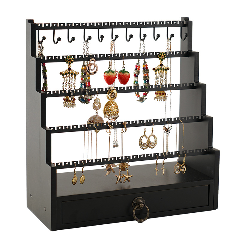 Wooden Jewelry Display Stand 5 tier with Removable 5 Hooks, Earring Cards  necklace bracelet Keychain Showcase Cascading Merchandise Organizer For