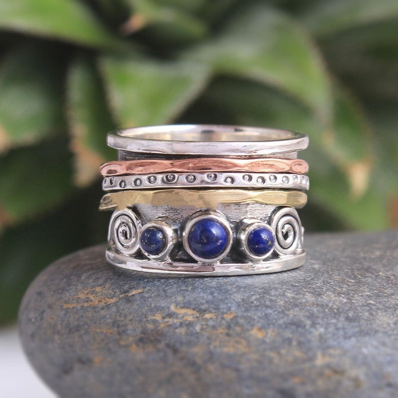 

Lapis Lazuli Ring, 3 Tone Ring, Meditation Ring, Boho Ring, Anxiety Ring, Spinning Band, Silver Plated Ring