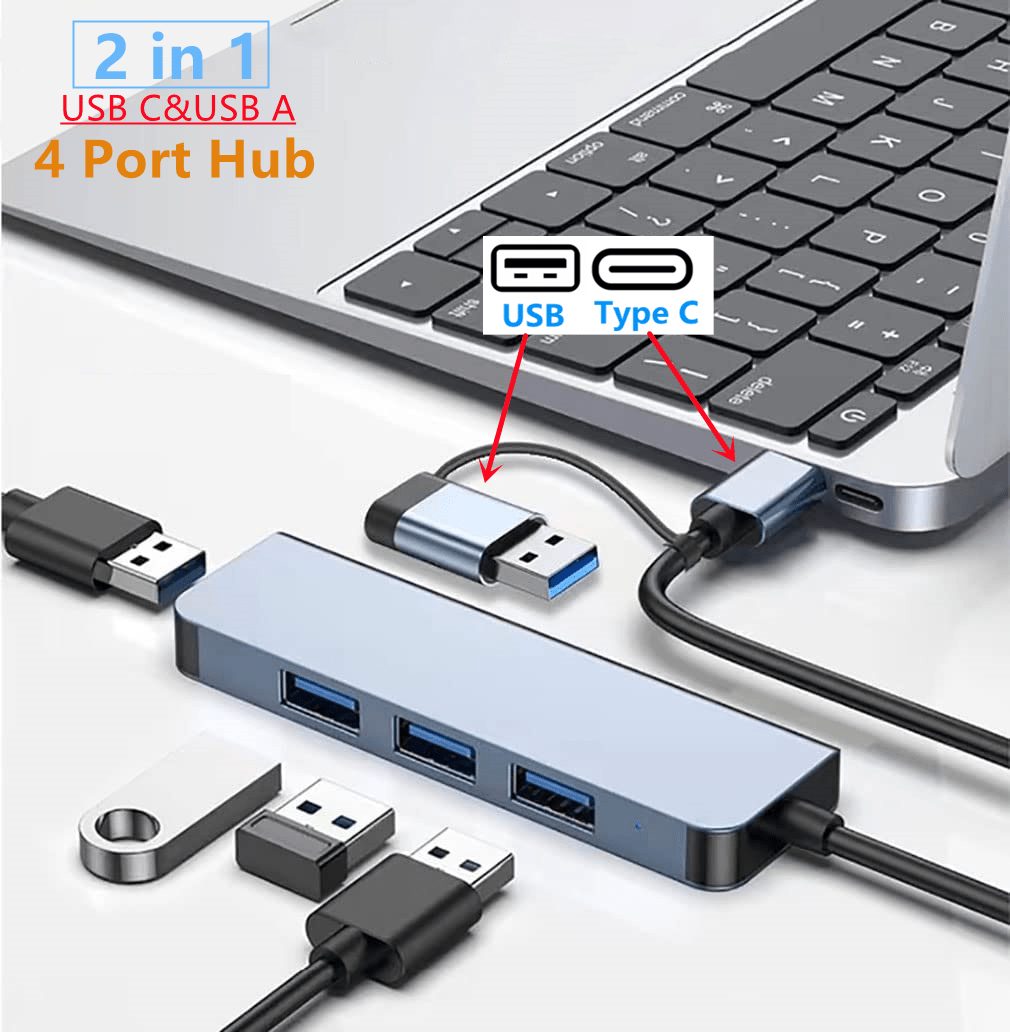 USB Hub Port Splitter: USB 3.0 multiport Hub Dongle Expander for Laptop PC  Dell HP 4-Port