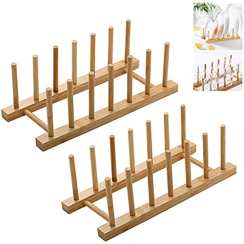 2pcs bamboo wooden dish rack plate wooden stand pot lid holder kitchen cabinet organizer dish drying rack for bowl cup cutting board holder dish drainer for kitchen counter top details 0