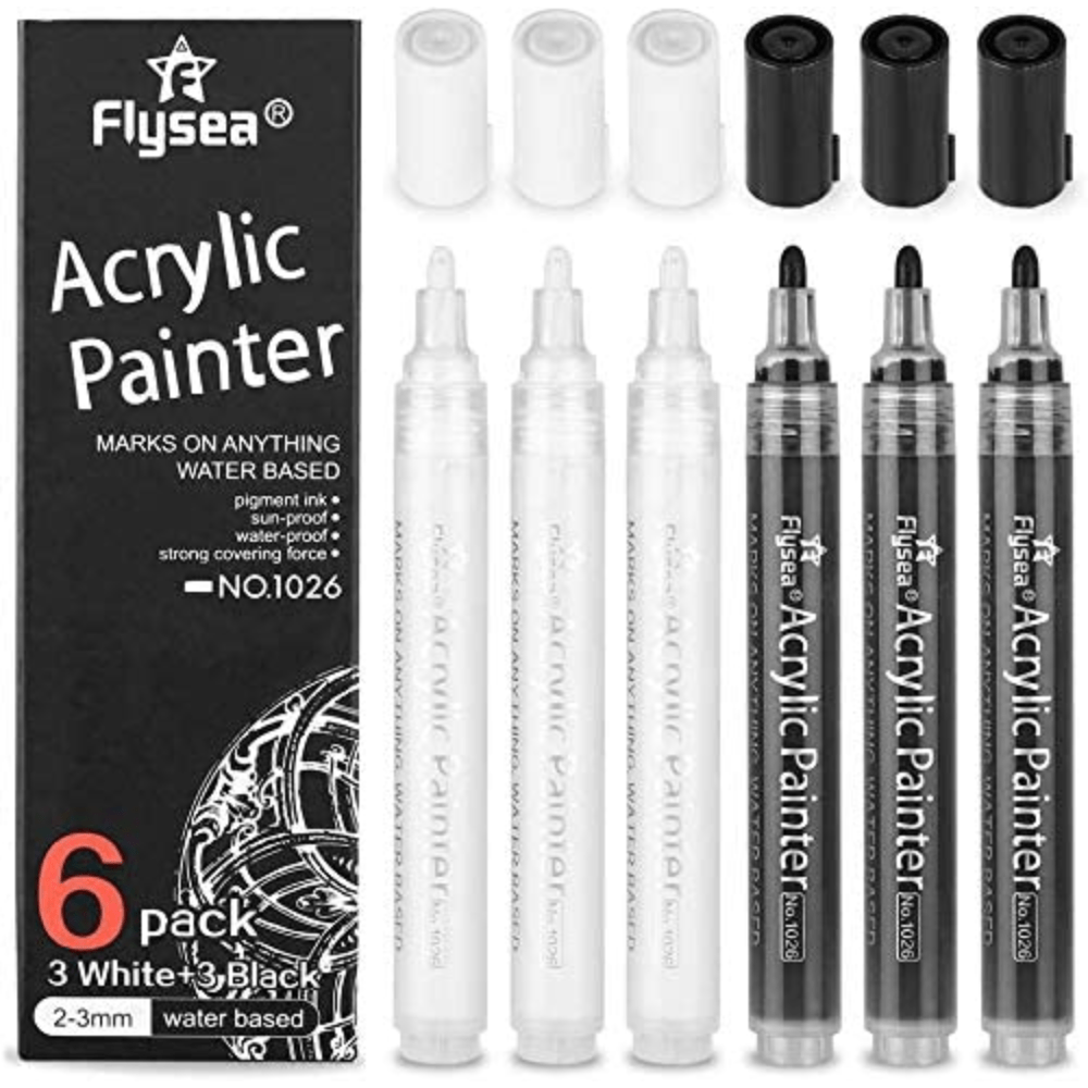 Acrylic Paint Markers, 3 Black 3 White Paint Pens for Rock Painting, Stone, Glass, Wood, Canva, Metal, Ceramic, Graffiti, Paper, Drawing, Medium Tip