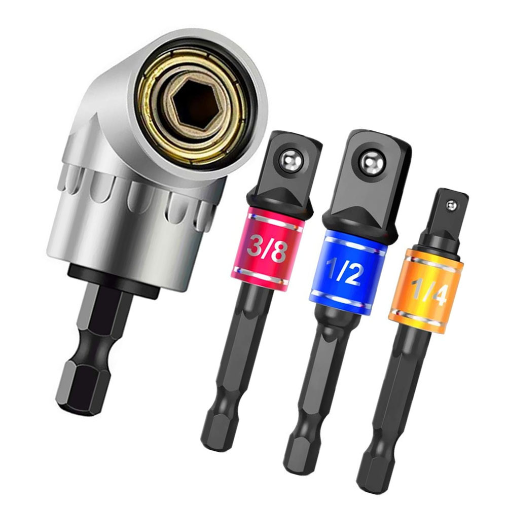 

4pcs/set, Impact Grade Power Hand Tools, Driver Sockets Adapter Extension Set, 1/4" 3/8" 1/2" Hex Shank Drill Nut Driver Bit Set + 105 Degree Right Angle Driver, Extension Screwdriver Drill Attachment