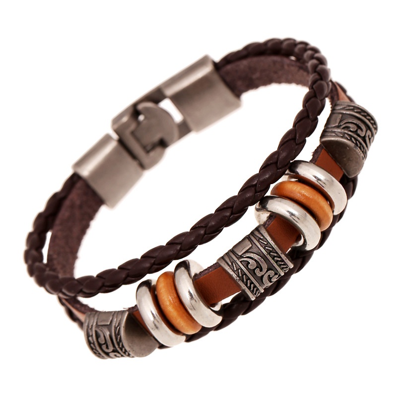 Vintage Men's Leather Bracelet with Beaded Layer