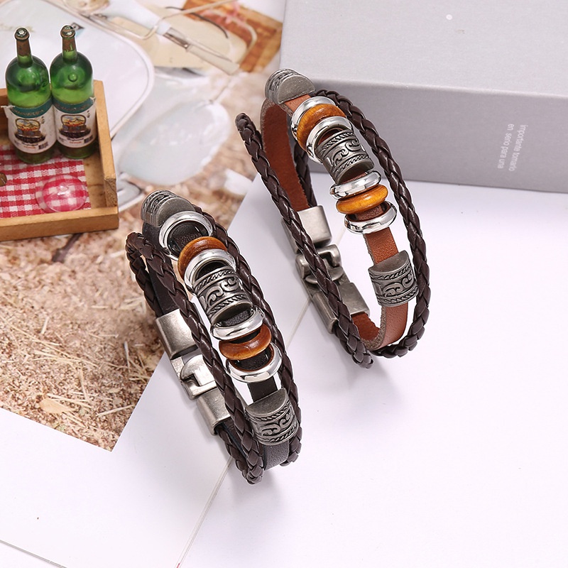 Vintage Men's Leather Bracelet with Beaded Layer