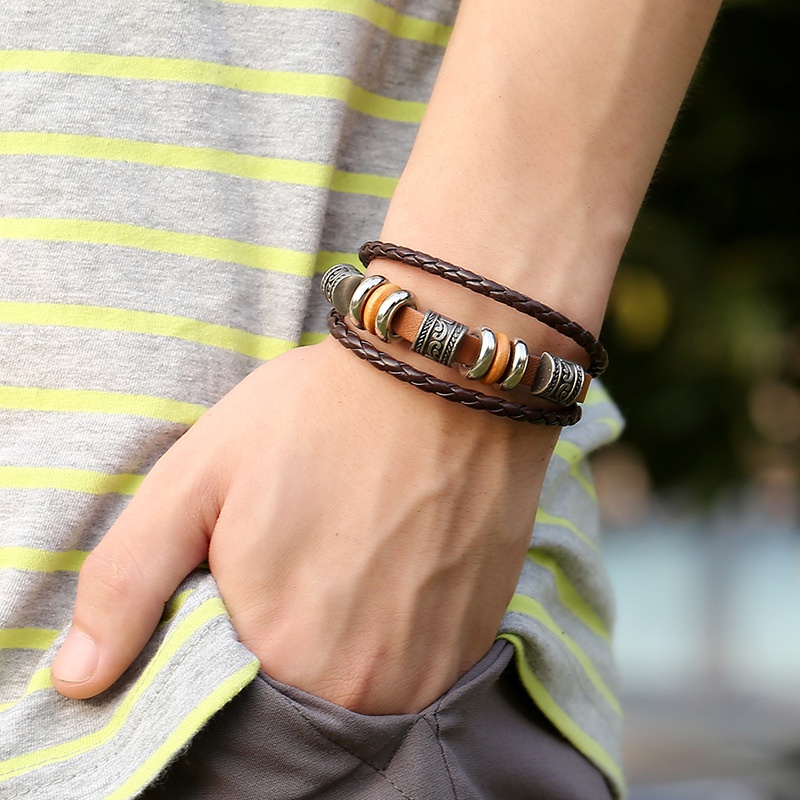 Vintage Men's Leather Bracelet with Beaded Layer