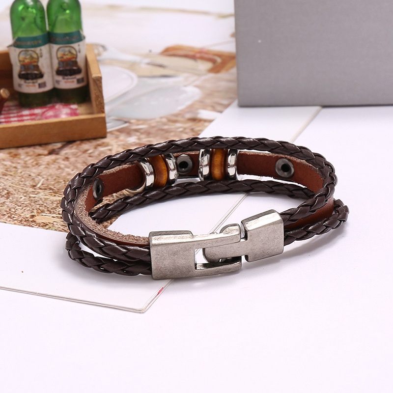 Vintage Men's Leather Bracelet with Beaded Layer