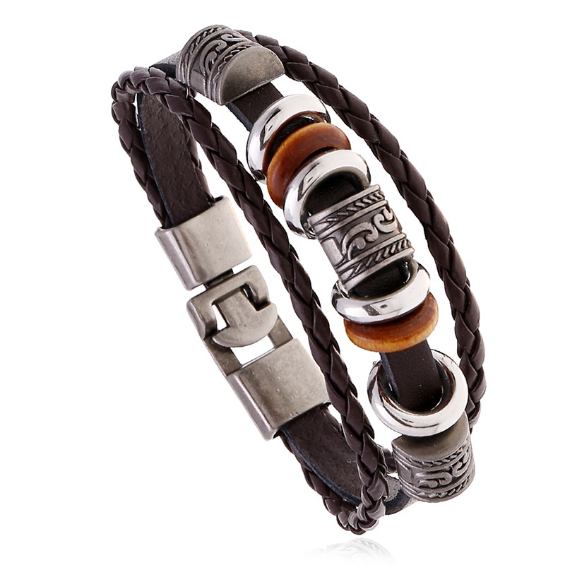 Vintage Men's Leather Bracelet with Beaded Layer