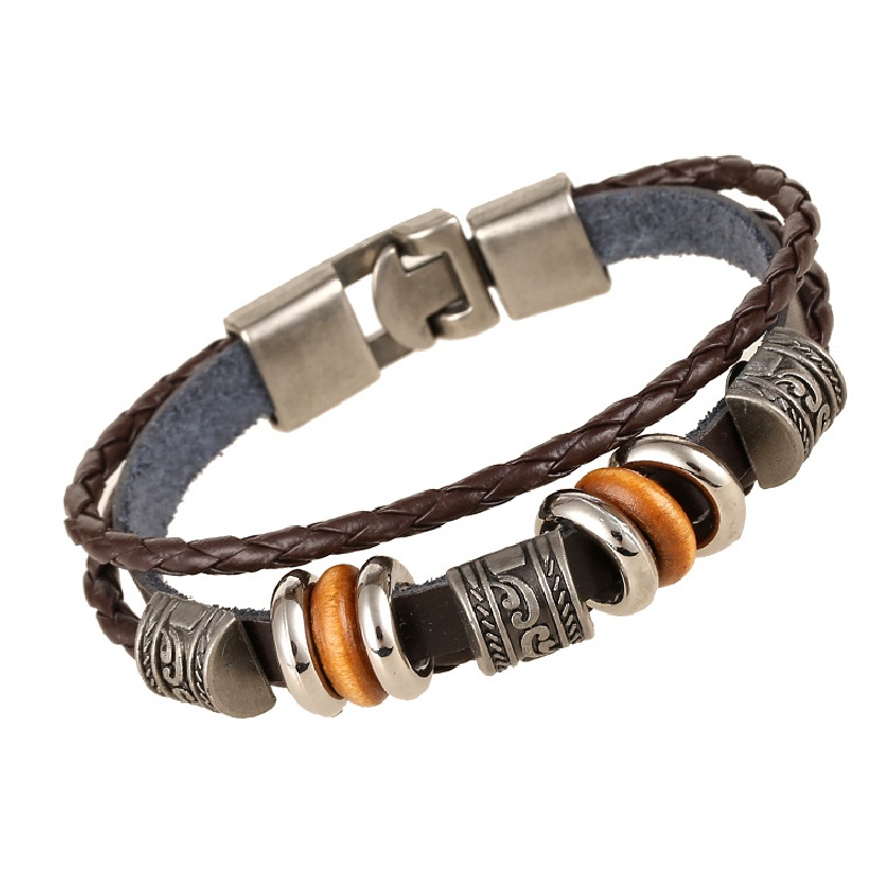 Vintage Men's Leather Bracelet with Beaded Layer