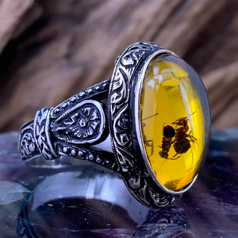 1pc mens large oval natural agate stone ring retro trendy inlaid yellow zircon ant ring details 3