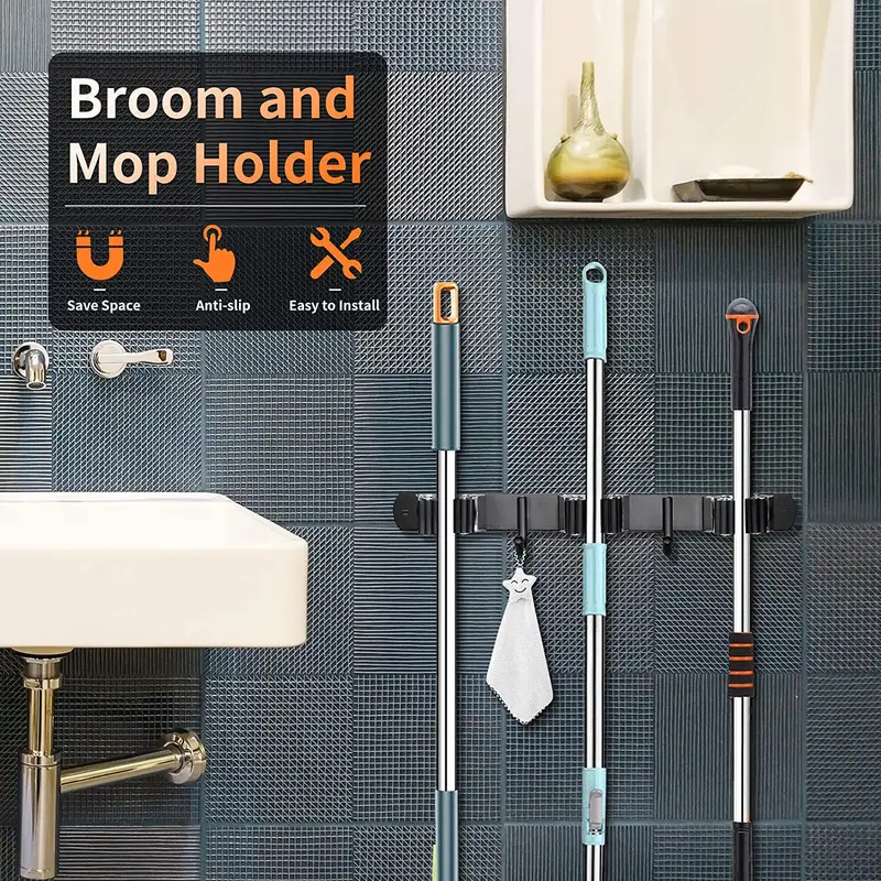 Heavy-duty Stainless-steel Broom And Mop Holder With Utility Hooks For  Garage, Kitchen, Laundry, Pantry, And Bathroom Organization - Temu