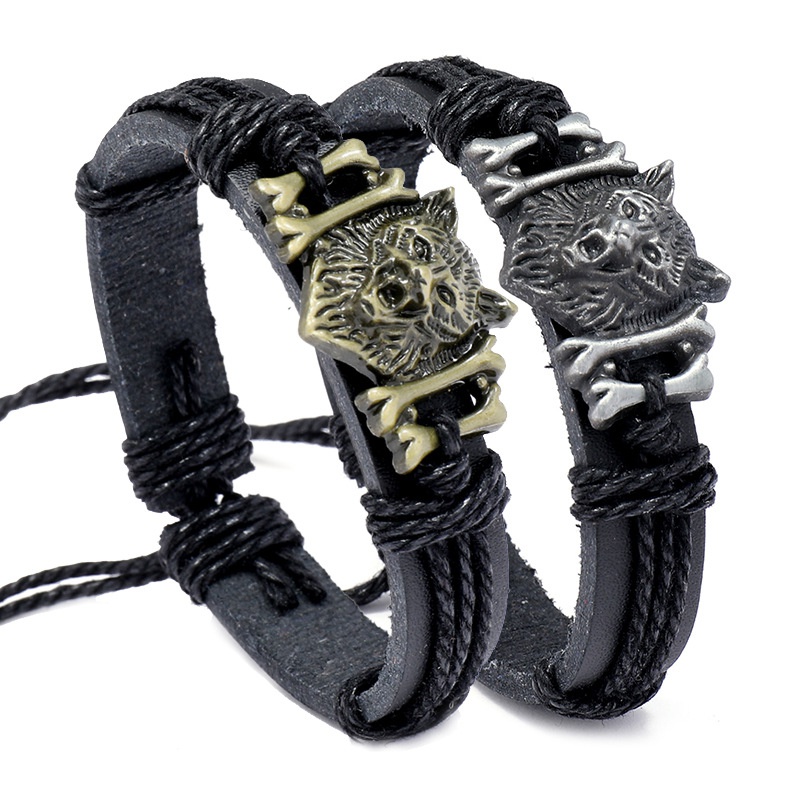 Men's Retro Viking Wolf Head Woven Leather Bracelet