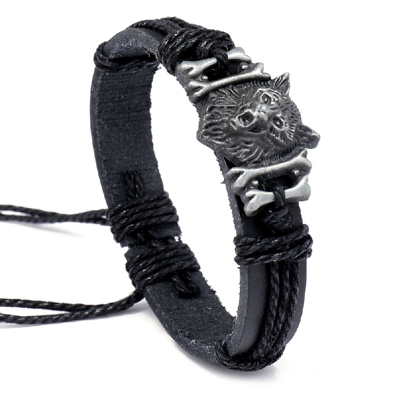 Men's Retro Viking Wolf Head Woven Leather Bracelet