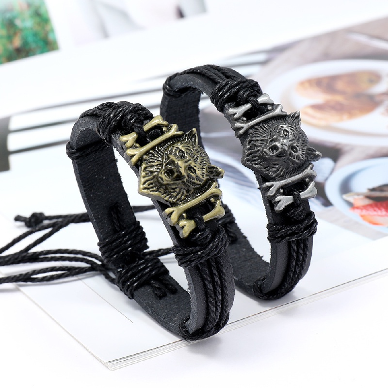 Men's Retro Viking Wolf Head Woven Leather Bracelet