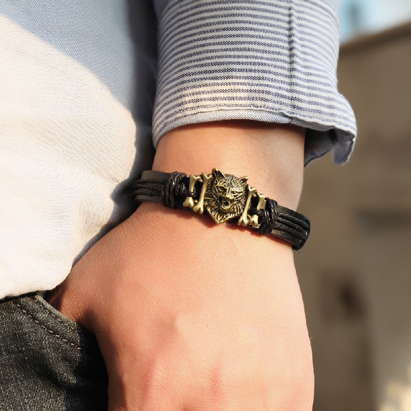 Men's Retro Viking Wolf Head Woven Leather Bracelet