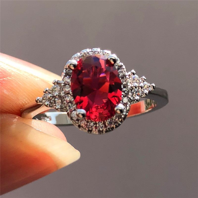 Red Oval Stone Ring with Accents Minimalist Thin Band Wedding Jewelry