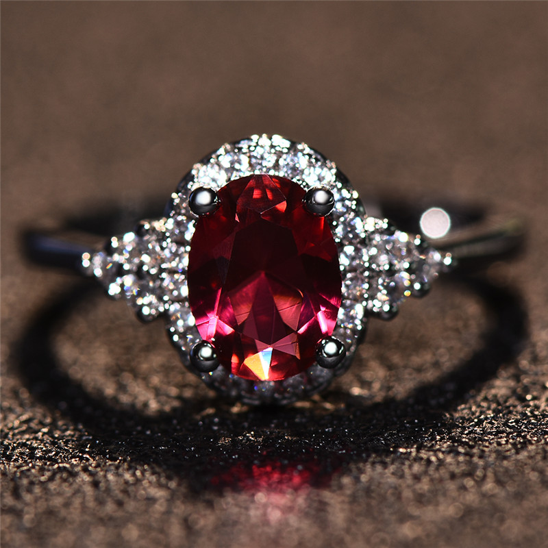 Red Oval Stone Ring with Accents Minimalist Thin Band Wedding Jewelry