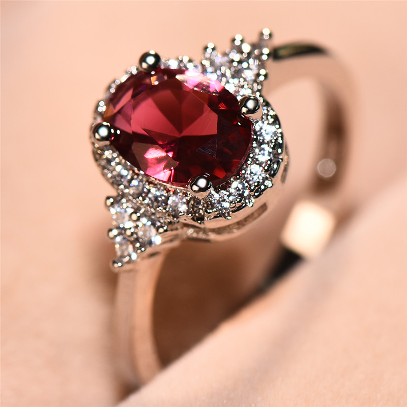Red Oval Stone Ring with Accents Minimalist Thin Band Wedding Jewelry