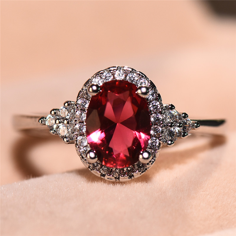 Red Oval Stone Ring with Accents Minimalist Thin Band Wedding Jewelry