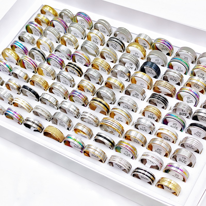 50pcs/pack Fashion Classic Heart Stripe Stainless Steel Rings for Women & Men Simple Colorful Mixed Style Jewelry, Jewels Gifts,Temu