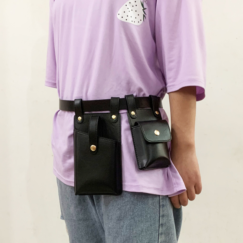Faux Leather Pockets Belt Bag, Expanded Flap Pockets & Patch