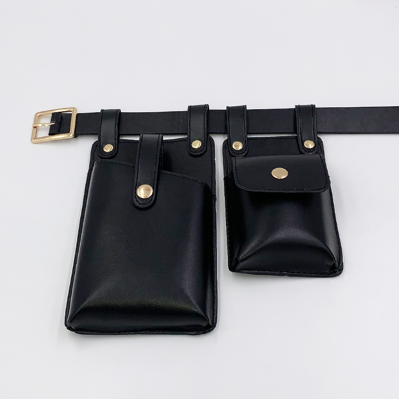 Faux Leather Pockets Belt Bag, Expanded Flap Pockets & Patch