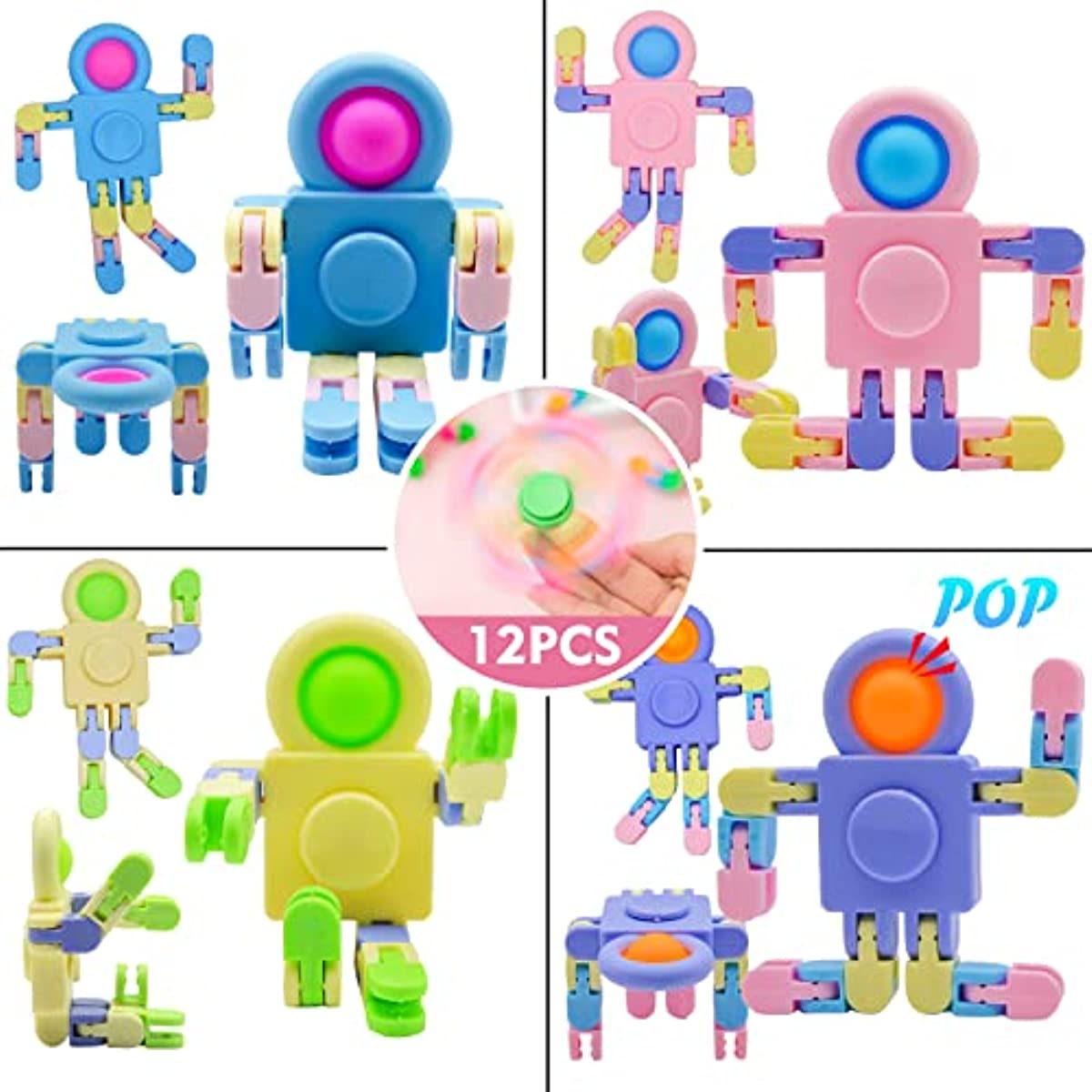 12 Pack Funny Sensory Fidget Toys,Deformable Chain DIY Robot Spinners  Fingertip Stress Relief Gyro Toy Birthday Gifts Goodie Bag Easter Basket