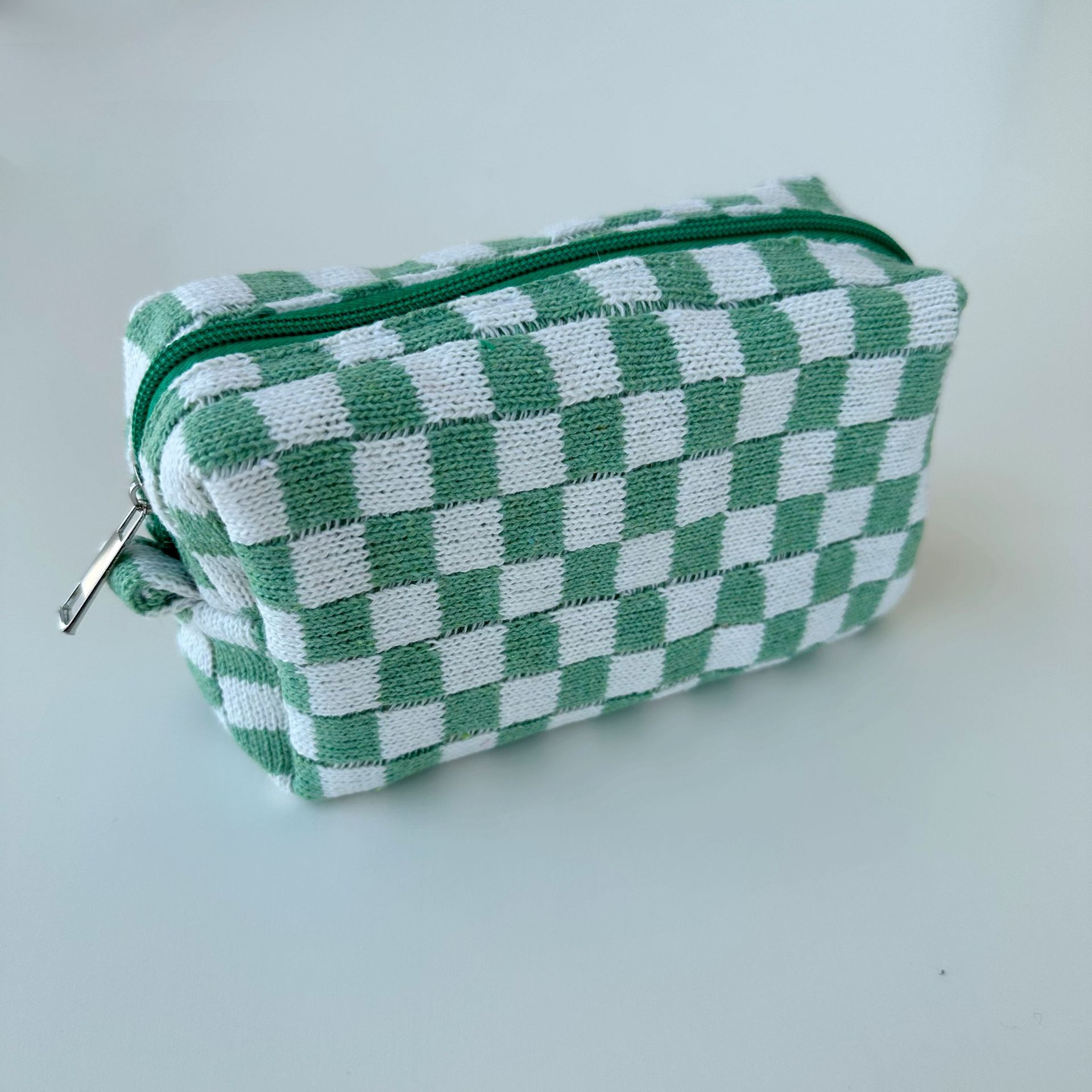 New Large Capacity Checkered Cosmetic Bag Green Makeup Pouch