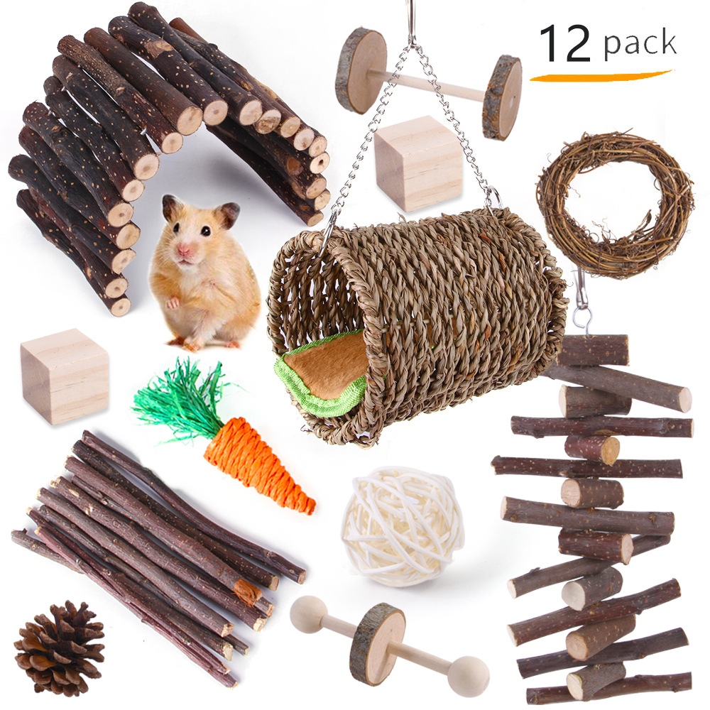 Juguetes de hámster, 12 piezas, juguetes de conejillo de indias, accesorios  de hámster de madera para jaula, juguetes masticables de conejillo de
