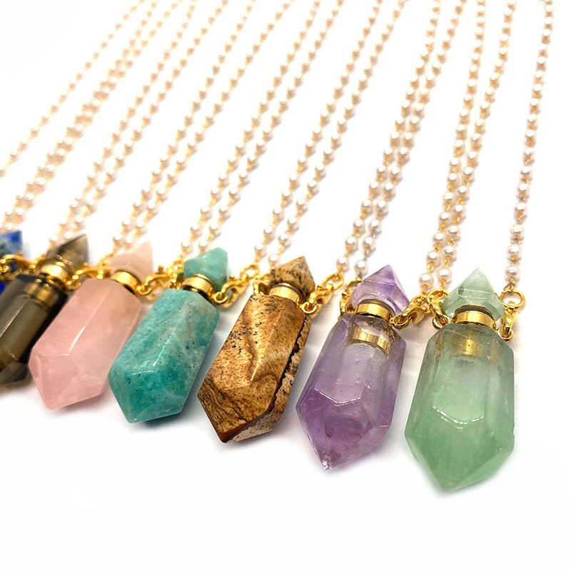 Natural Gemstone Faceted Prism Perfume Bottle Pendant Necklace