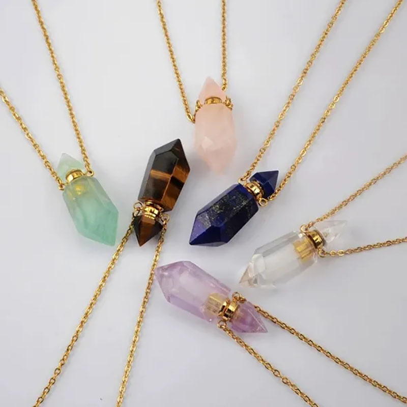 Natural Gemstone Faceted Prism Perfume Bottle Pendant Necklace