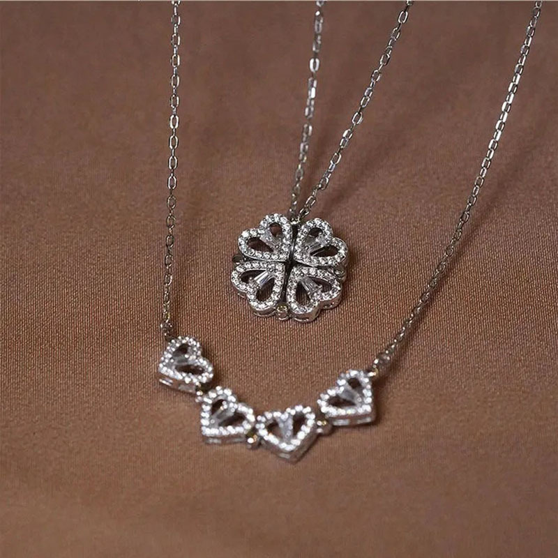 Four Leaf Clover Necklace for Women Red Leaf Heart Shaped Pendant