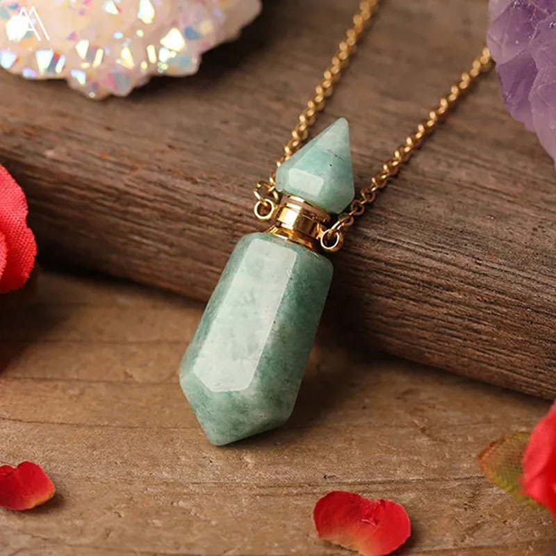 Natural Gemstone Faceted Prism Perfume Bottle Pendant Necklace