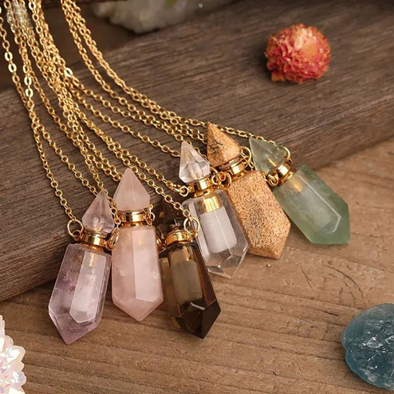 Natural Gemstone Faceted Prism Perfume Bottle Pendant Necklace