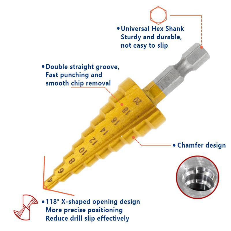 Hss Step Drill Bit Set Tin Coated Wood Metal Hole Cutter Cone Stepped