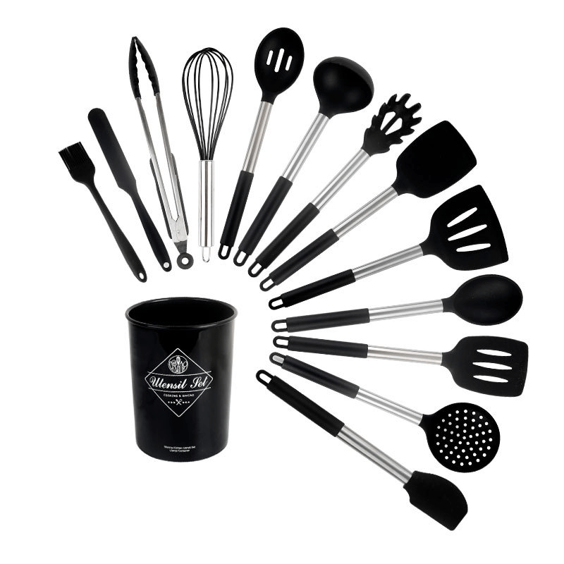 15pcs Stainless Steel Handle Silicone Kitchen Utensils Set For